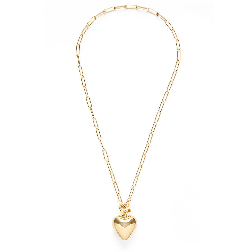 Puffed Heart and Toggle Chain Necklace